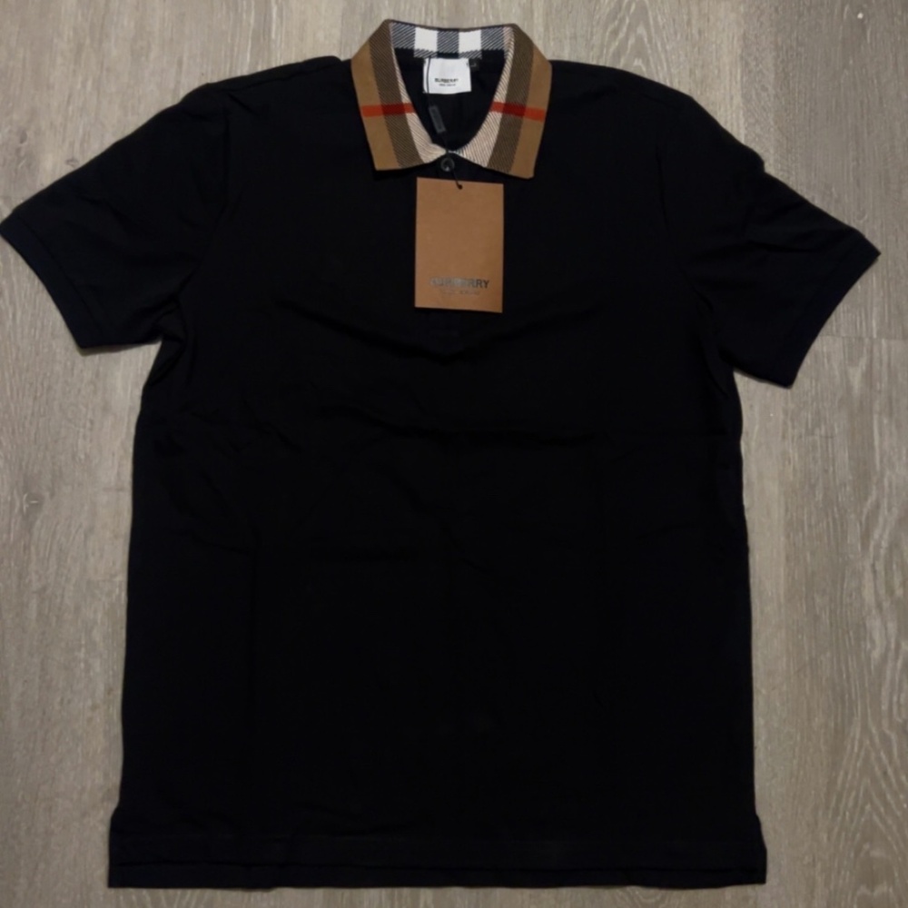 Burberry Polo Shirt Nova Check Collar Black Mens Short Sleeve Designer Luxury T